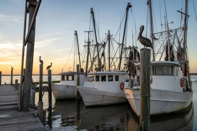 Shrimp boats rafted at a weathered upper-Galveston-Bay dock at evening