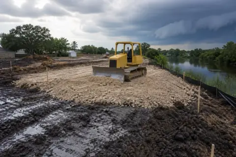 Dozer building up a raised house pad in lifts on black gumbo clay, string lines marking the grade